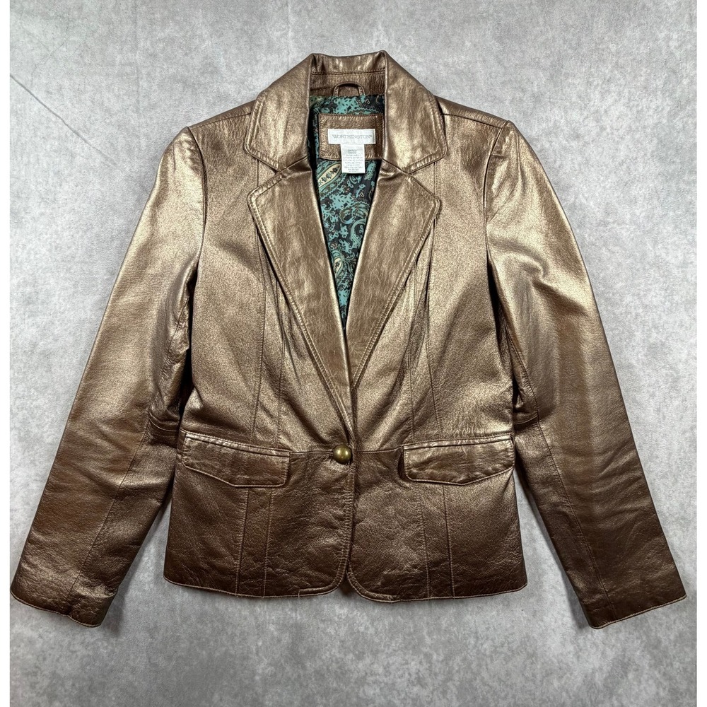 Worthington Womens Small Genuine Leather Blazer Metallic Bronze One Button Lined